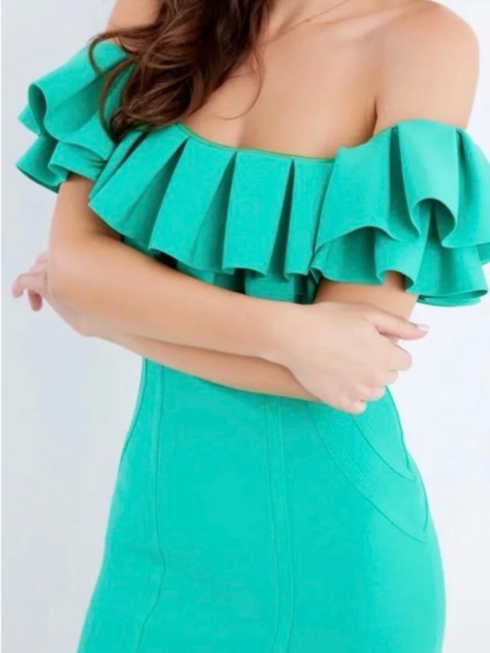 Off Shoulder Ruffle Bodycon Dress in Teal